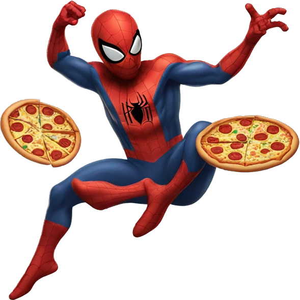 spider-man swinging with pizza emoji