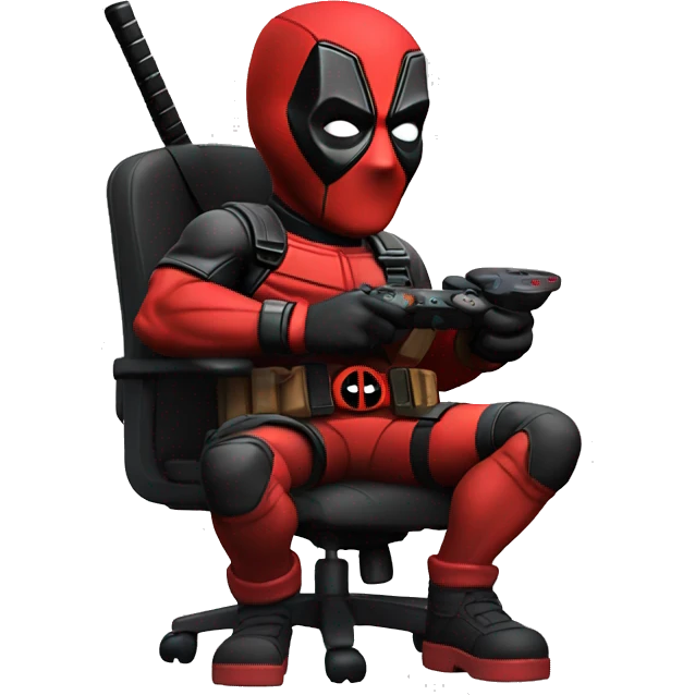Cute Deadpool holding controller sitting at a desk, front view emoji