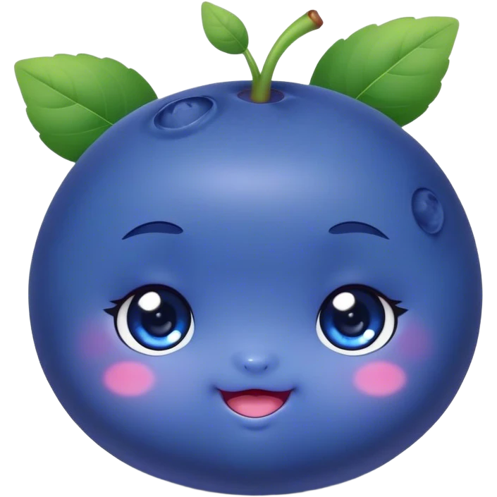 Cute Kawaii Blueberry, small and chubby, deep blue-purple with a tiny leafy crown, bright sparkling eyes, a soft round body, cute blushing cheeks, full of berry sweetness! emoji
