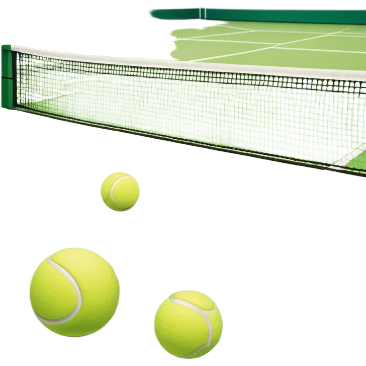 A tennis court with perfectly marked lines and a tennis ball resting near the baseline. The scene highlights the open space of the court, with a net dividing the two sides, capturing the focus and athleticism of the sport. emoji