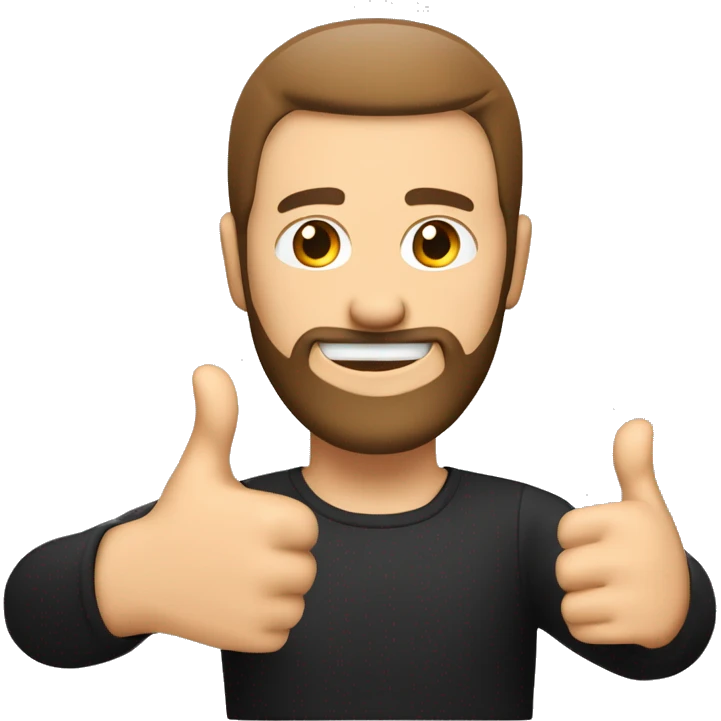 White man with beard, without mustache, hair color brown, hairstyle - straight hair combed to the right, black and red background, thumbs up gesture, in front of the computer emoji