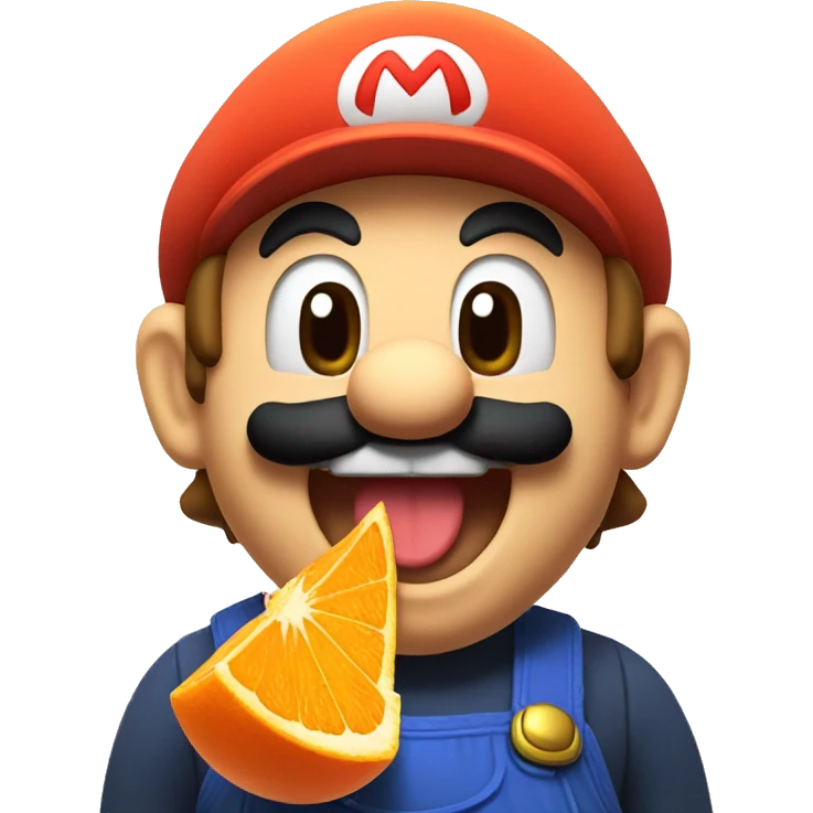 Mario eating a giant orange and laughing emoji