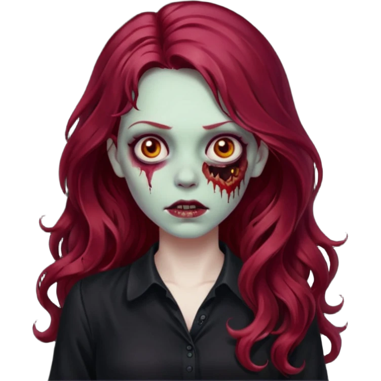 Faça me um emoji de um zumbi mulher de cabelos vermelho borgonha longos ondulado usando uma blusa preta emoji
