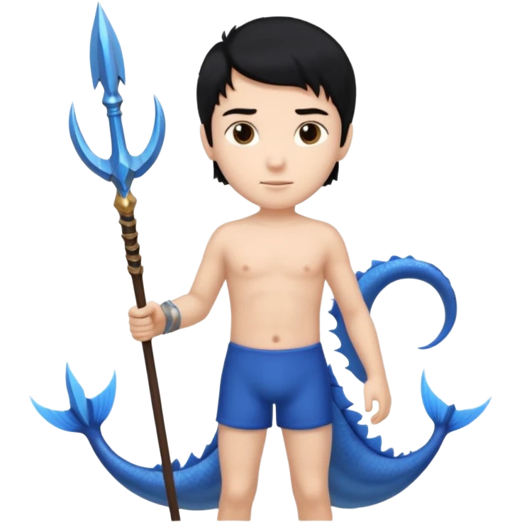 boy, black hair, brown eyes, white skin, Triton, with Triton in hand and blue Triton tail on the side. emoji