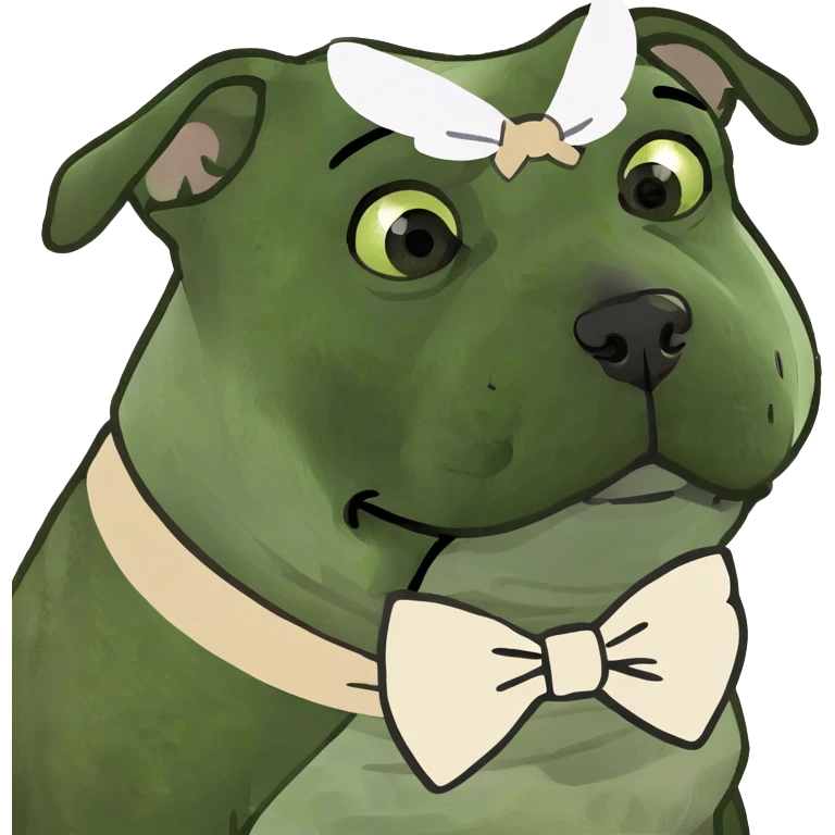 perrita bulldog blanca con manchas plomas y un lazo beige emoji