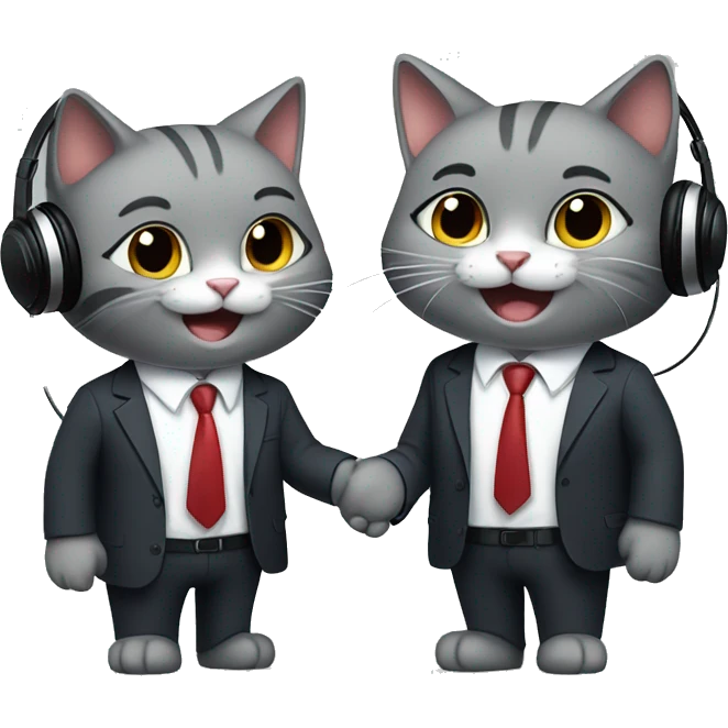 Two gray colored cats, wearing headphones, smiling, shaking hands in suits both wearing headphones.   emoji