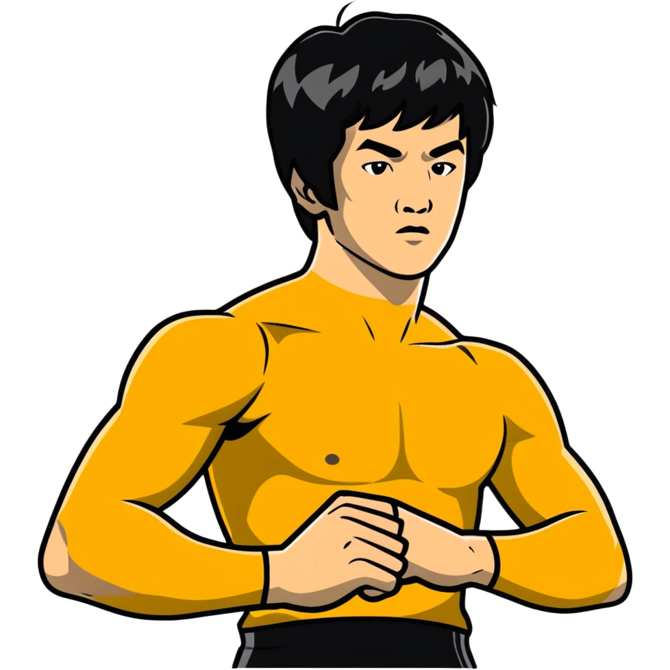 Bruce Lee iconic martial arts star in fighting stance, chest up portrait emoji
