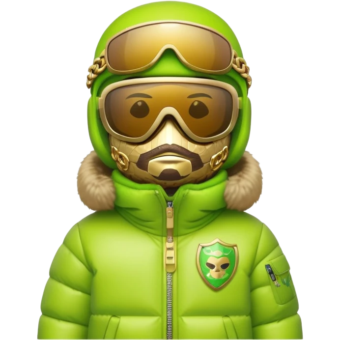bearbrick wearing lime green balaclava with graffiti logos, futuristic shield visor sunglasses with single panoramic lens like ski goggles covering upper face, puffy fur jacket, gold chains emoji