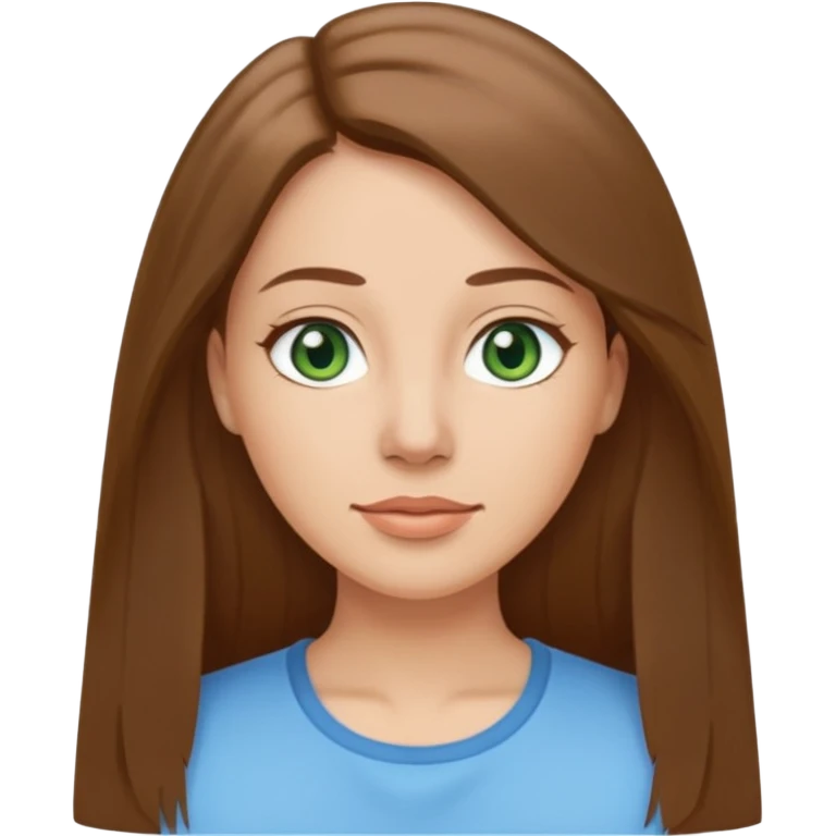 Adult woman avatar, light skin tone, oval face, straight long brown hair, green eyes, neutral mouth, sky blue top emoji