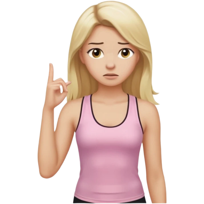 Create a young woman with long blonde hair, golden eyes, and medium-light skin tone, wearing a light pink tank top and leggings. She should be in portrait mode, but with a subtle doubting facial expression—slightly raised eyebrow, small frown, .  and her hand next to her chin like a thinker emoji