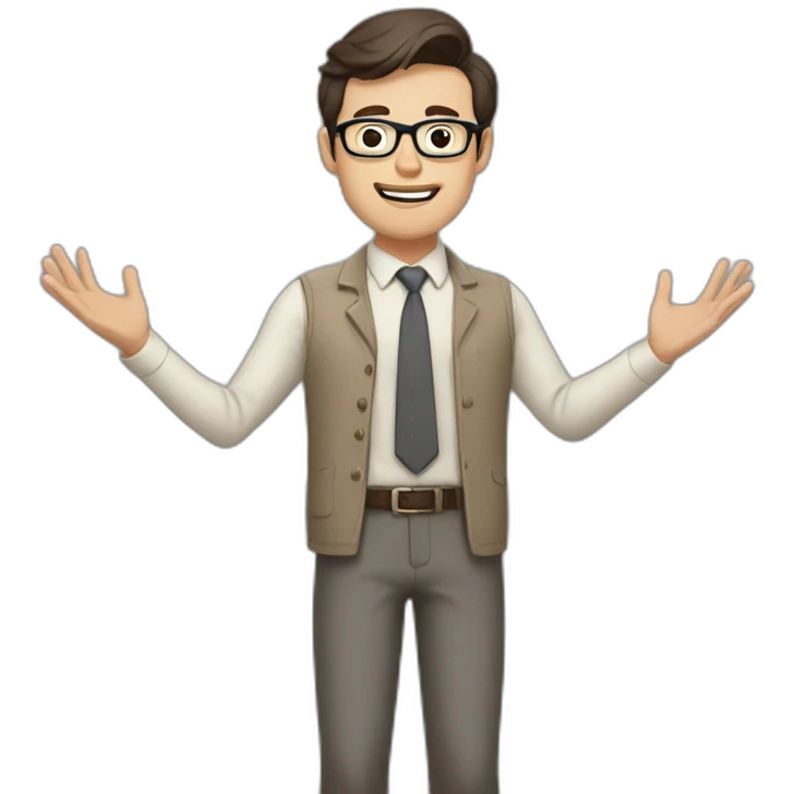 To belt Actively gesturing with hands Pale skinned fit man teacher with dark brown hair in gray jacket, beige office shirt, brown tie, brown pants and vintage glasses. emoji