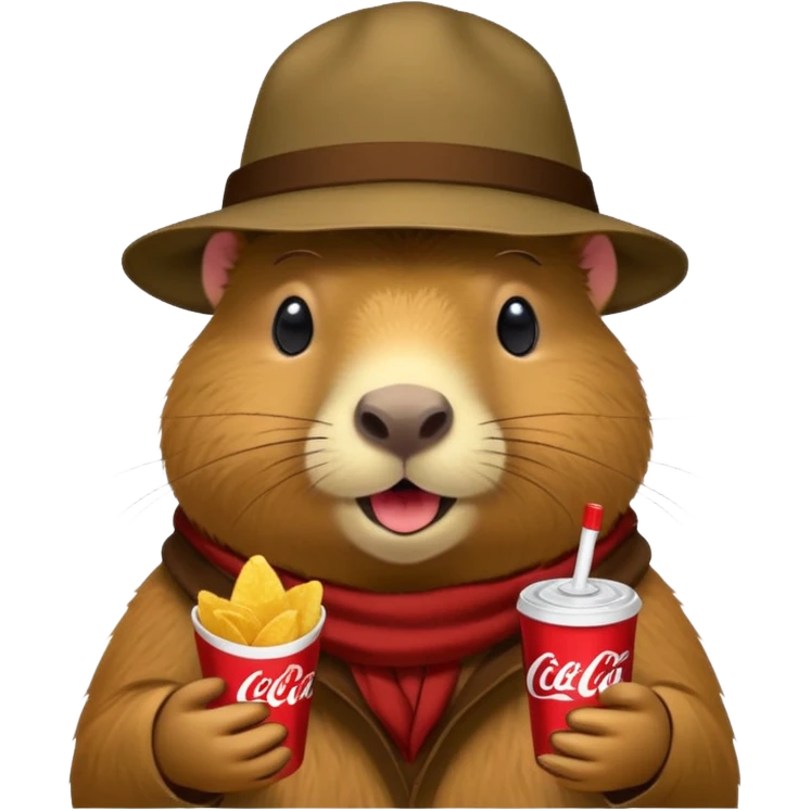 Capybara with a cool hat  eating Lays chips with coke emoji