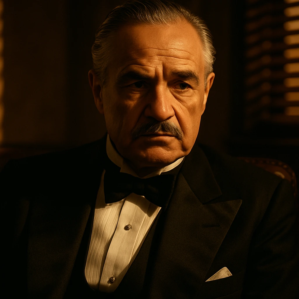 1940s Italian-American mafia boss, older man with slicked-back grey hair and mustache, in a black tuxedo and bow tie, sitting in a dimly lit room. Warm cinematic lighting, dramatic shadows, blinds casting stripes on the wall, close-up portrait. emoji
