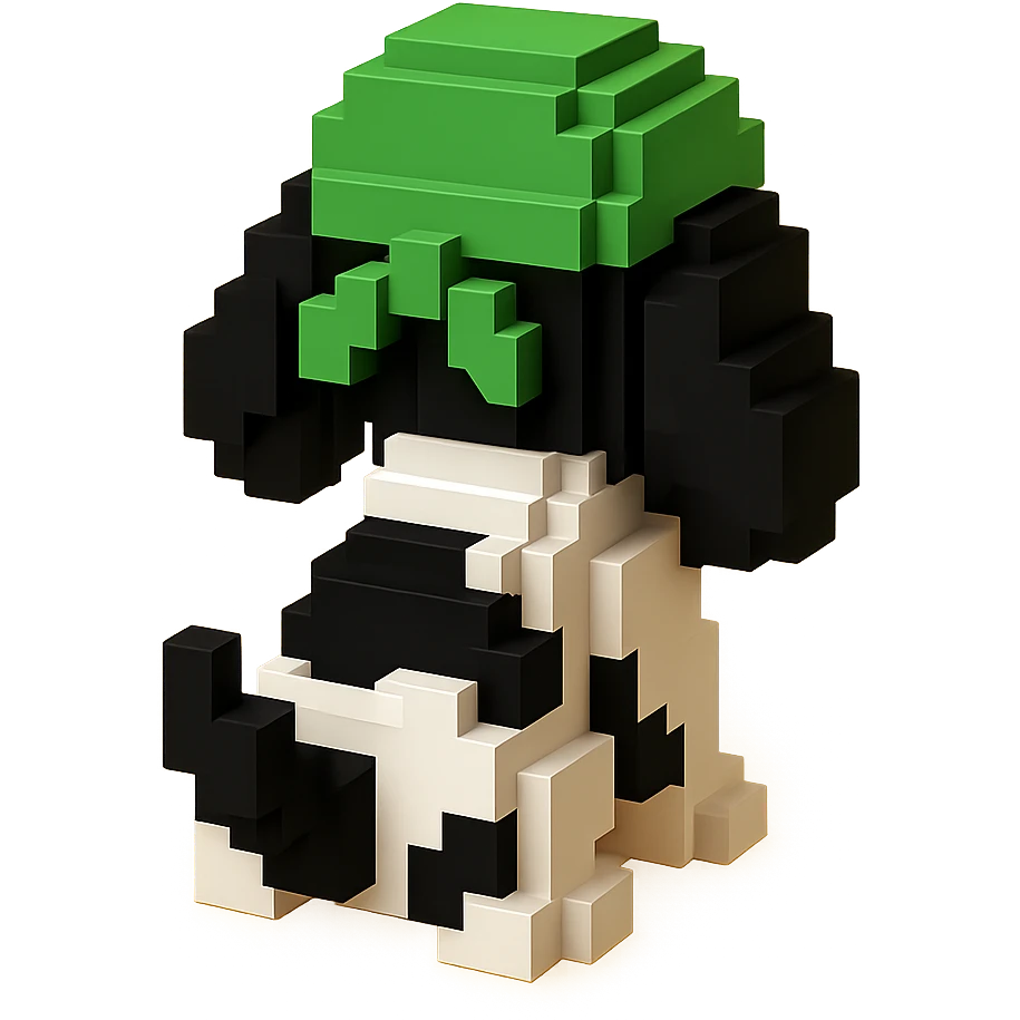 A black and white Russian Cocker Spaniel puppy wearing a green durag, facing backward emoji