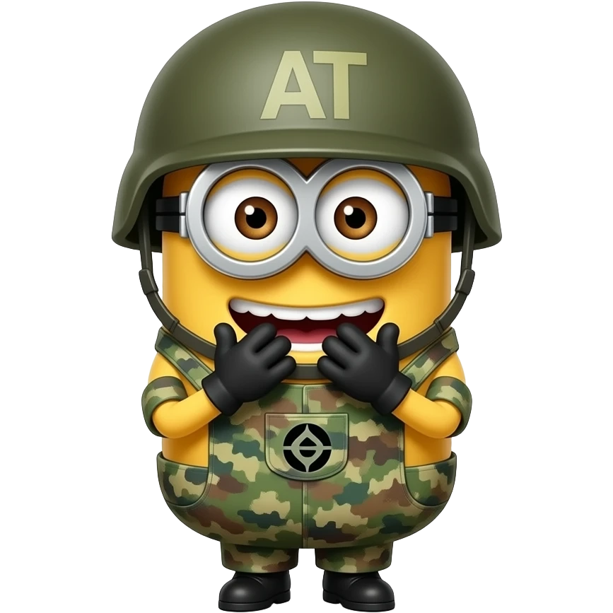 Minion in army uniform  aOT on helmet giggling with hands to mouth text above Khi Khi Khi emoji