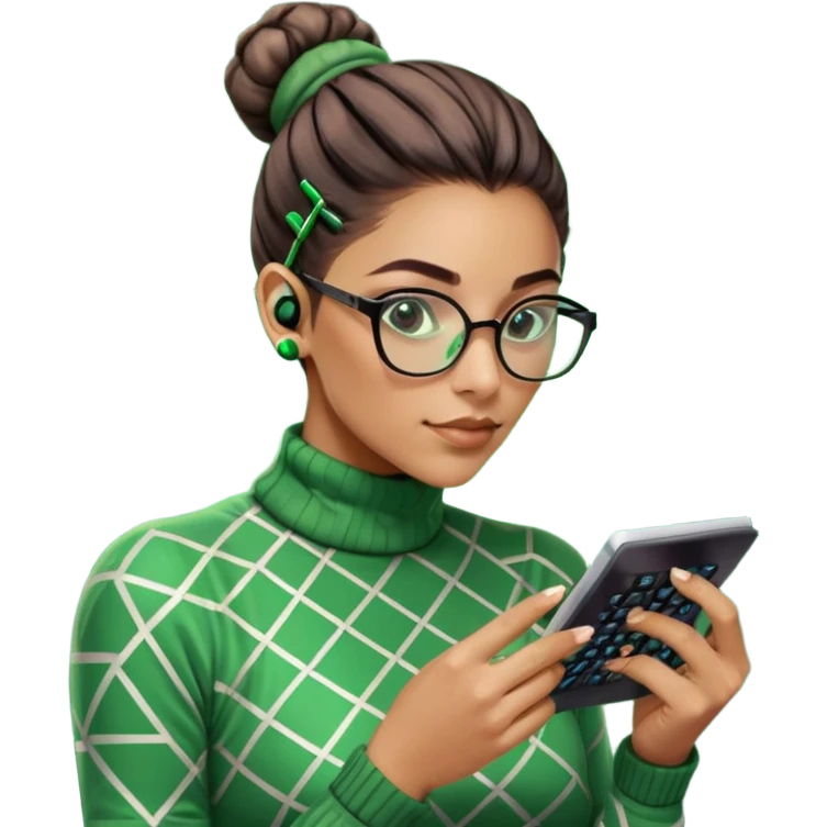 Gender: Non-binary Hair: Tight bun secured with calculator-shaped hairpin Face: Glasses reflecting scrolling green data streams Clothes: Geometric-patterned turtleneck with fingerless gloves Action: Floating in matrix-like numbers with Ctrl+C/V aura emoji