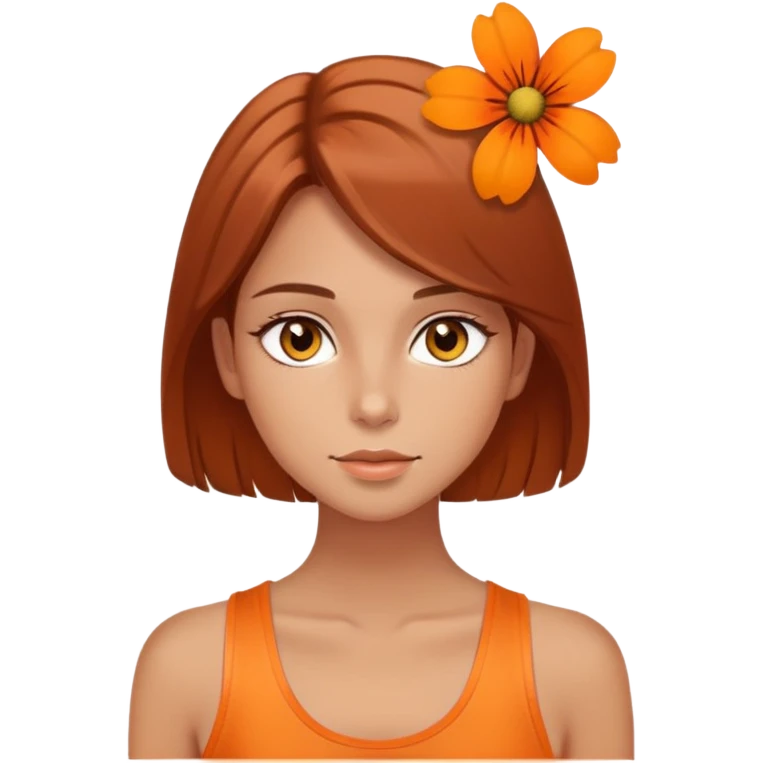 pretty girl with hazel, almond shaped eyes, she las light a bit tanned skin, she has brown auburn hair straight and long lashes, she had orange flower in her head, and orange tank top emoji