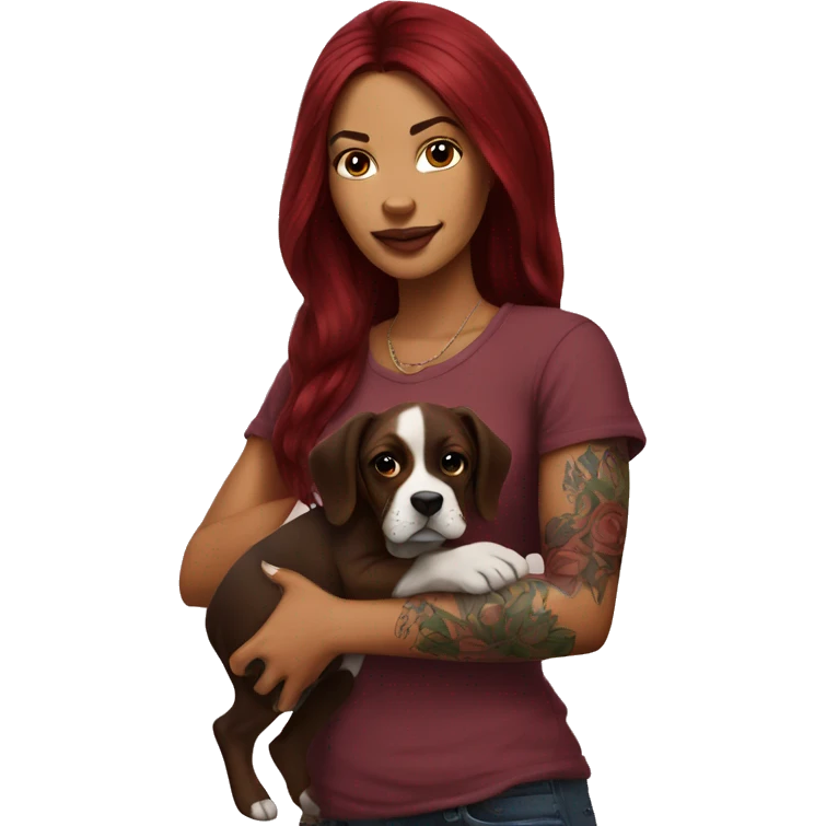Beautiful tattooed  burgundy long haired woman holding a boxer puppy emoji