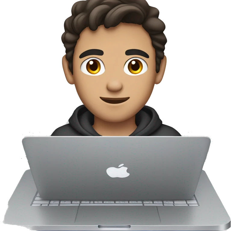 Young man with dark hair and brown eyes sits in front of silver macbook, front view emoji