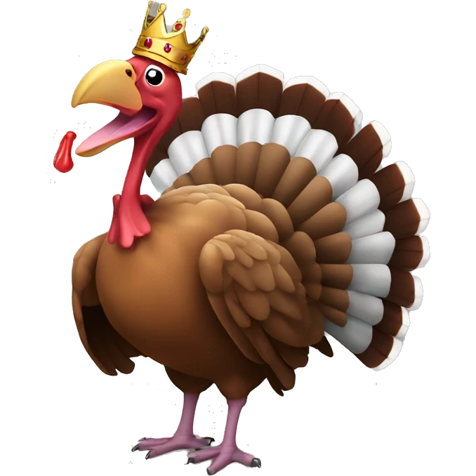Turkey with its tongue out wearing a crown dancing and eating a turkey emoji