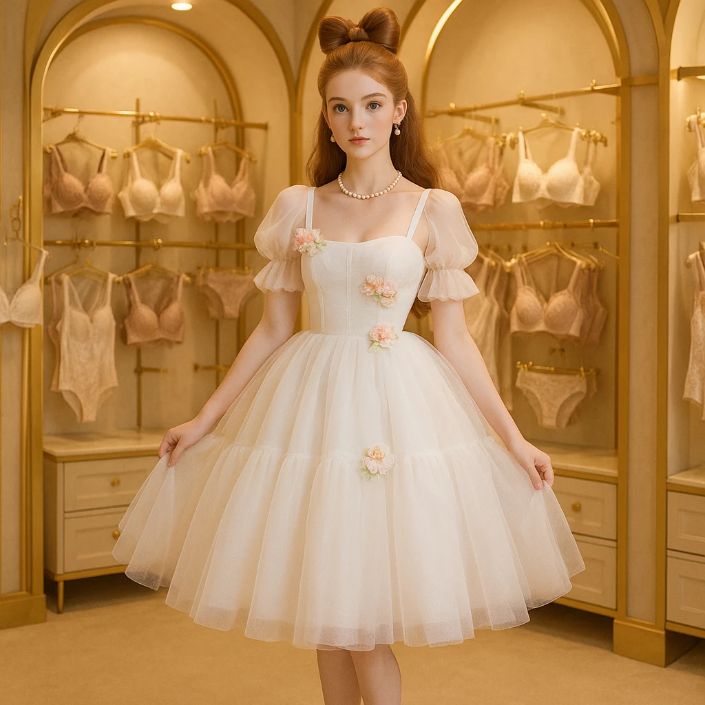 A sweet princess with long hair, fair skin, high forehead, styled in a princess updo with a bow, half-draped, wearing a white suspender puffy tulle Lolita dress with puff sleeves, tube top, and a light multi-layer tulle skirt, decorated with flowers, pearl necklace and earrings, white lace-up high heels, standing in a store filled with exquisite lingerie, golden arch decorations, and soft lighting, 8k, high definition, full body, long shot, 1:1 ratio, various angles. emoji