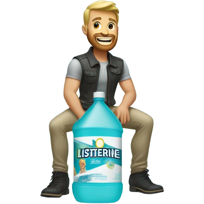 Buff man with blonde short hair and a medium length blonde beard riding on top of a giant bottle of listerine emoji