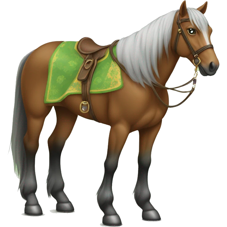 Cavallo con fantino e vestito arancione e verde emoji