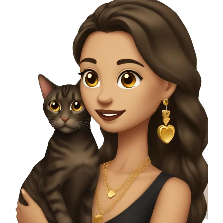 Beautiful skinny woman long dark brown hair in dark dress with gold earrings hug bengal cat emoji