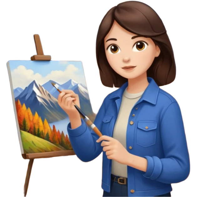 Brunette Artist painting a beautiful autumn mountain peak destination on canvas emoji