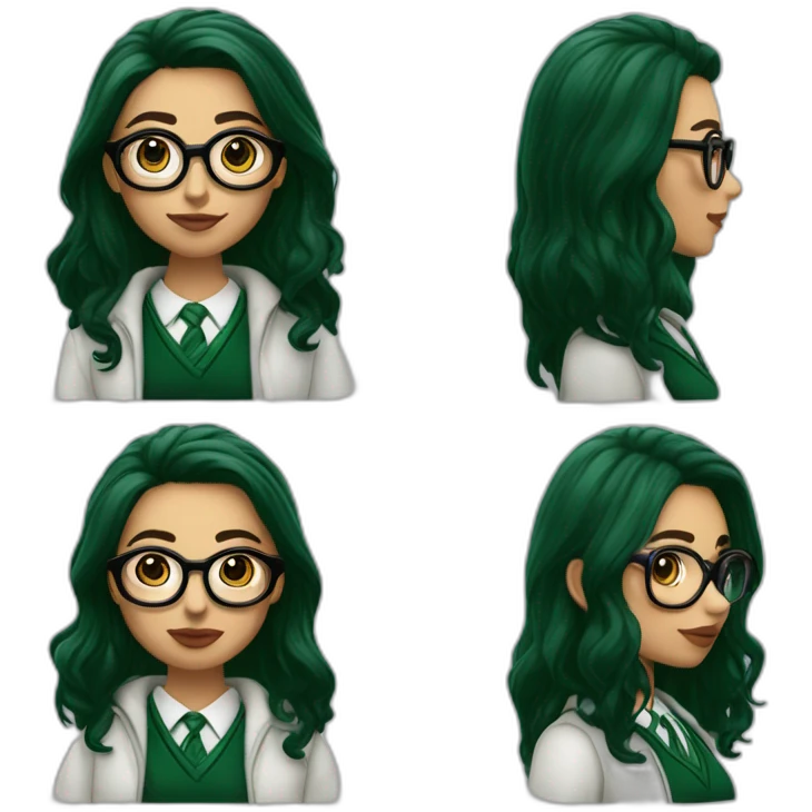 chica blanca con lentes y cabello negro liso y ojos cafés con labios color burdeo de la casa de slytherin emoji