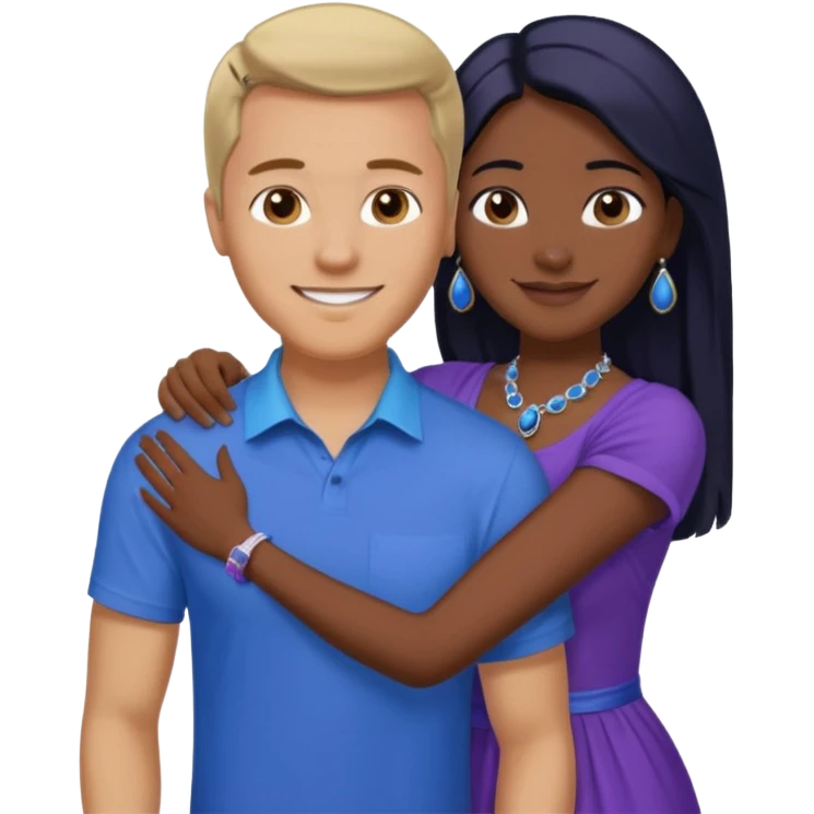 smiling embracing interracial couple. man is tan and has brown straight hair he is wearing blue. woman has very dark color skin and long black hair. she is wearing purple and has matching blue jewelry on emoji