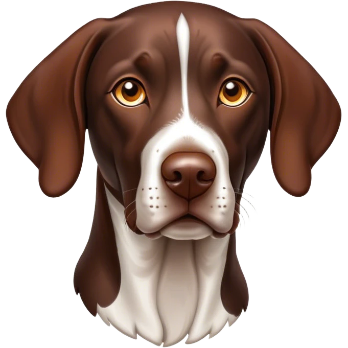 Cinematic German Pointer Portrait Emoji, Elegant and alert, sleek brown and white tones, Simplified yet sharp features, highly detailed, glowing with a warm, confident glow, high shine, intelligent and poised, stylized with an air of grace, focused and attentive, soft glowing outline, capturing the essence of agility and loyalty, so lifelike it feels as though it could spring into motion at any moment! emoji