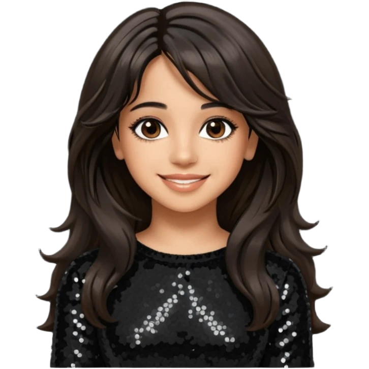 Camila Cabello from Fifth Harmony with long dark brown hair, black sequin outfit emoji