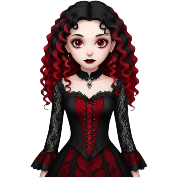 A girl with a red goth vampire look in a black and red goth lace dress with long sleeves and long black curly hair bold look on her face emoji