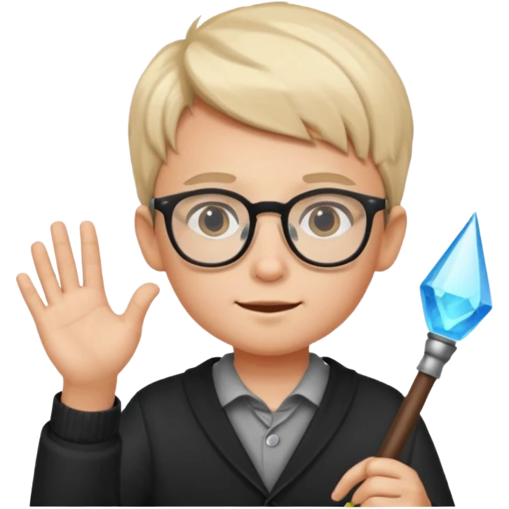 3D imoji of  The little boy who is a magic designer, he is a graphic designer, he should not be holding anything hand down emoji
