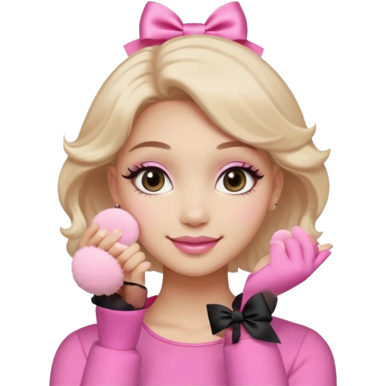 female face, light skin tone, small simple closed smile. One hand visible holding a round fluffy pink makeup powder puff pressed to the cheek; the puff has a small satin bow. emoji