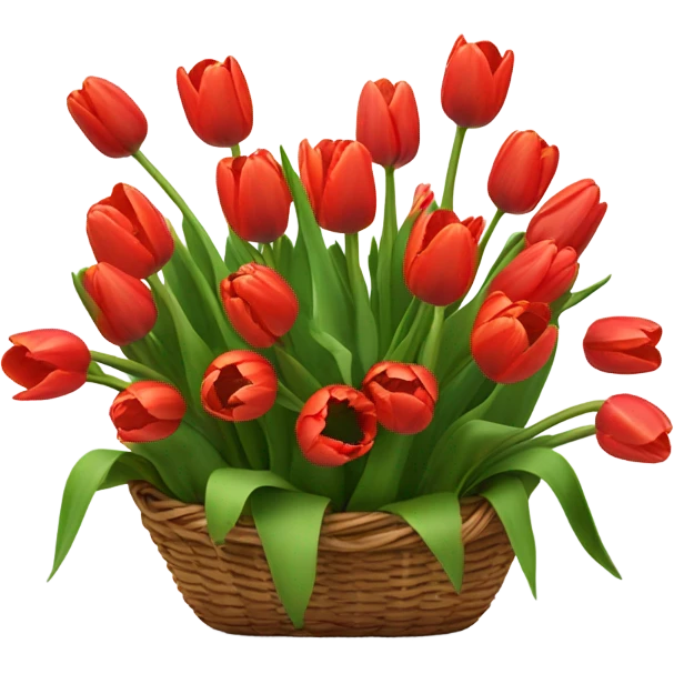 Red tulips bouquet in basket. Basket smaller emoji