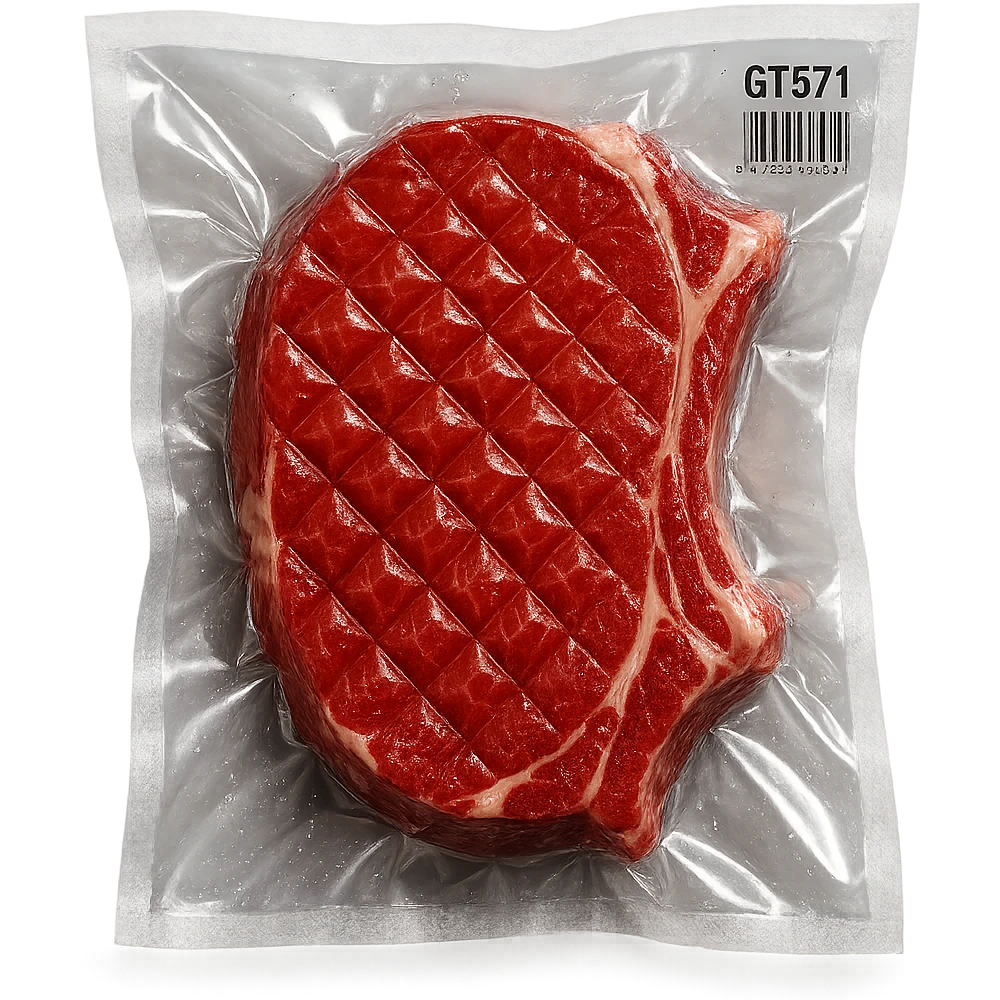 diamond-textured meat steak, shiny and inflated, vacuum-sealed style emoji