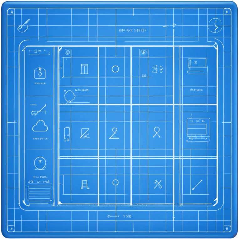 blue blueprint plan with white grid and symbols emoji