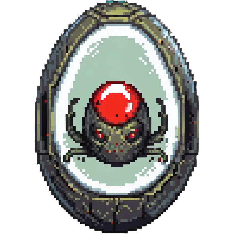 a strange large transparent alien egg, floating inside with a visible creature inside, embryo, embryonic, fetal shape, primordial, 3 glowing red eyes, illuminated from above, shining glass egg emoji