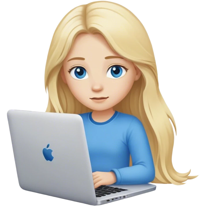 blonde girl with long hair and blue eyes sits at a laptop emoji