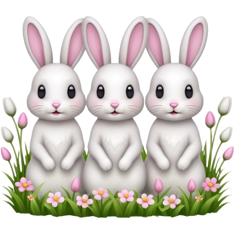 realistic 3 Bunny's standing in grass field with flowers happy looking foward emoji