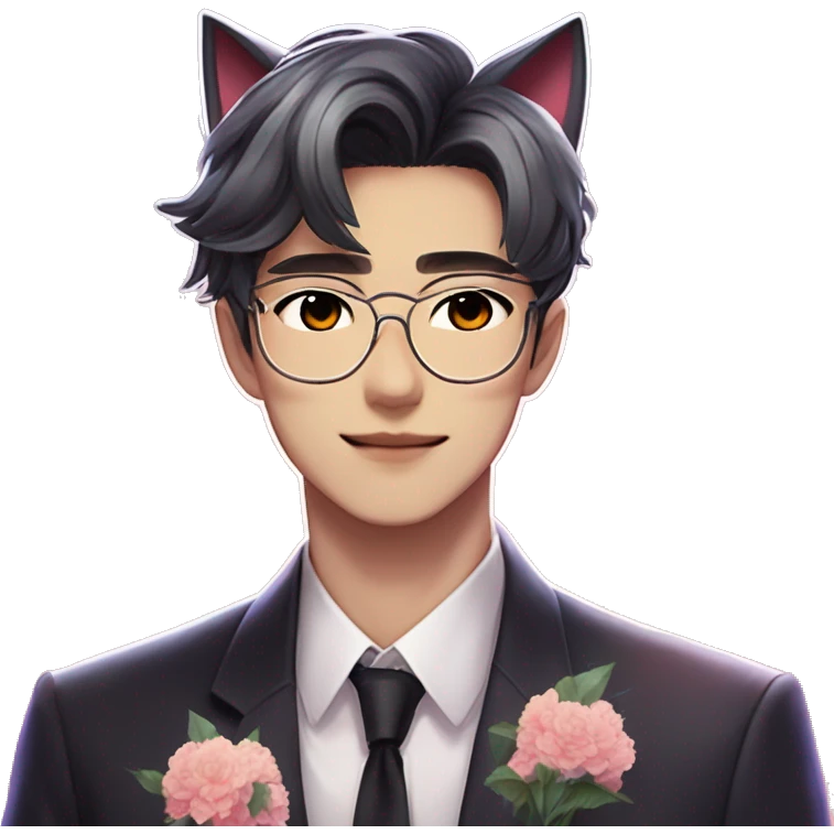 Gorgeous romantic anime style Asian formal modern gentlemanly guy with cat ears and flowers and blushing face aesthetic trending style outside with colorful gradient colors emoji