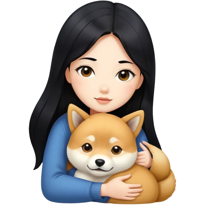 A beautiful girl with long black hair hugs a Shiba Lnu emoji