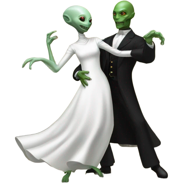  a Reptilian alien woman, in white dress, dance with a human man in frack emoji