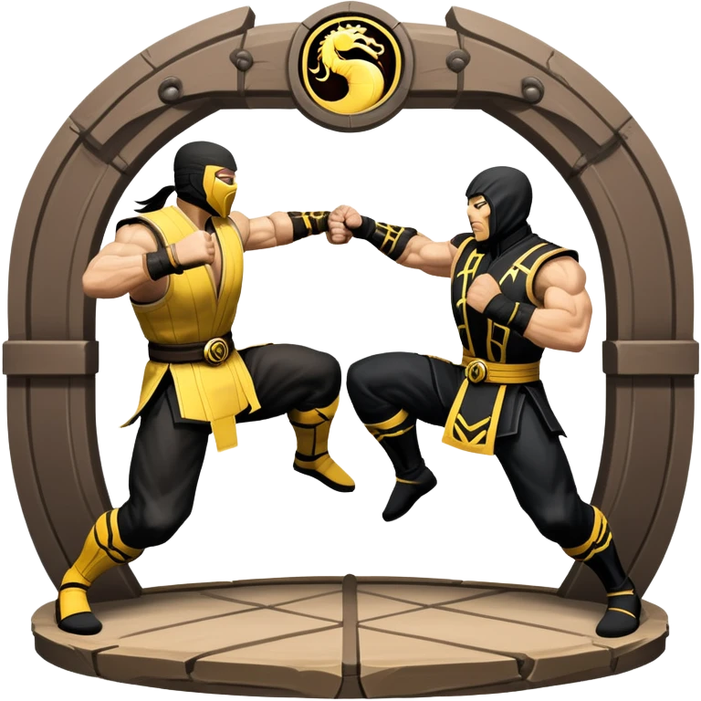 An icon showing two fighters in combat poses, inspired by Mortal Kombat. One character delivers a powerful kick, while the other blocks. The background features an iconic arena from the game with life bars at the top, symbolizing intense battles. Transparent background. emoji