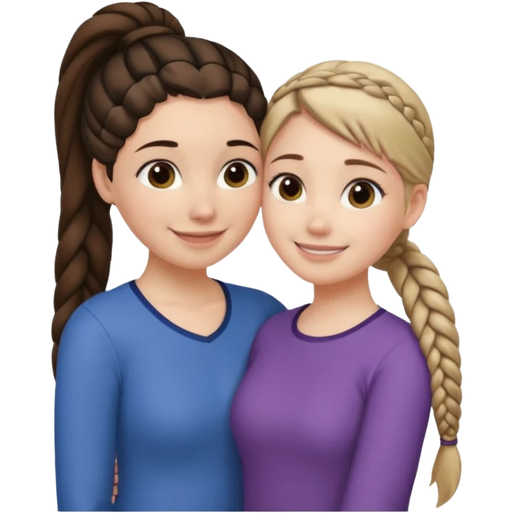 Comforting Hug two white skin women, one shorter woman with medium brown simple top ponytail, not braided, and one taller woman with a single long black side braid emoji