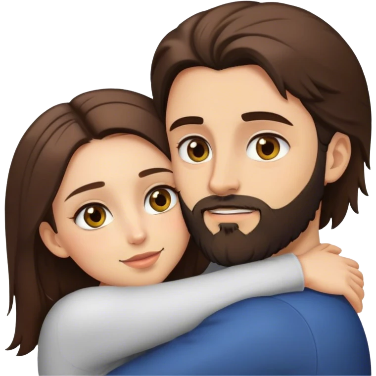 Emoji style couple hugging passionately: a brunette girl with hazel eyes and brunette man with a beard and grey eyes emoji