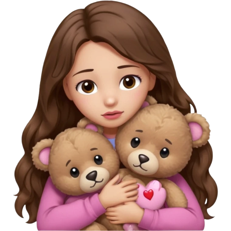girl with long wavy brown hair, brown eyes, light to medium complexion, in a pink shirt, pink lips, long lashes, sad crying , hugging a teddy bear with a  heart emoji