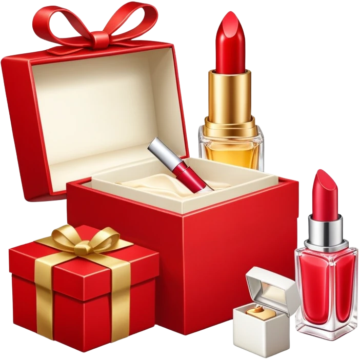 an open gift box with lipstick, cream jar, and perfume bottle spilling out emoji